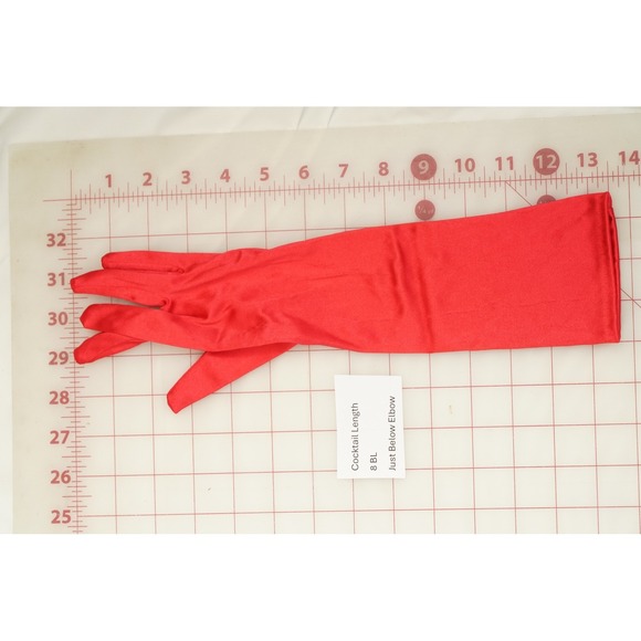 Scarlet Red Satin Cocktail Length Gloves (just below elbow 8BL) Formal Evening - Picture 5 of 5